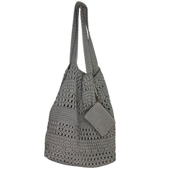 The Sak Crochet Hobo Tote Purse Bag Gray Shoulder Boho Coin NWOT - Picture 1 of 8
